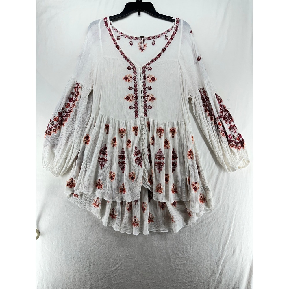 Free People Embroidered Tunic‎ Top White Red Boho Gauze Button Front Small